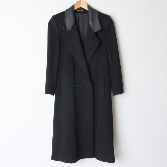 Vintage 1980s Black Wool Fitted Tailored Coat with Leather Collar XS Petite - Picture 5 of 7